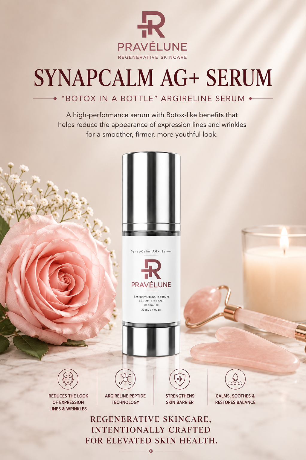 Pravélune™ SynapCalm AG+ Serum advanced peptide facial serum designed to visibly smooth the appearance of expression lines while supporting hydrated, healthier-looking skin.